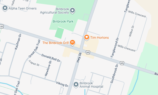 Map showing Lucky's Fish N Chips location at 2666 Regional Road 56, Binbrook Ontario